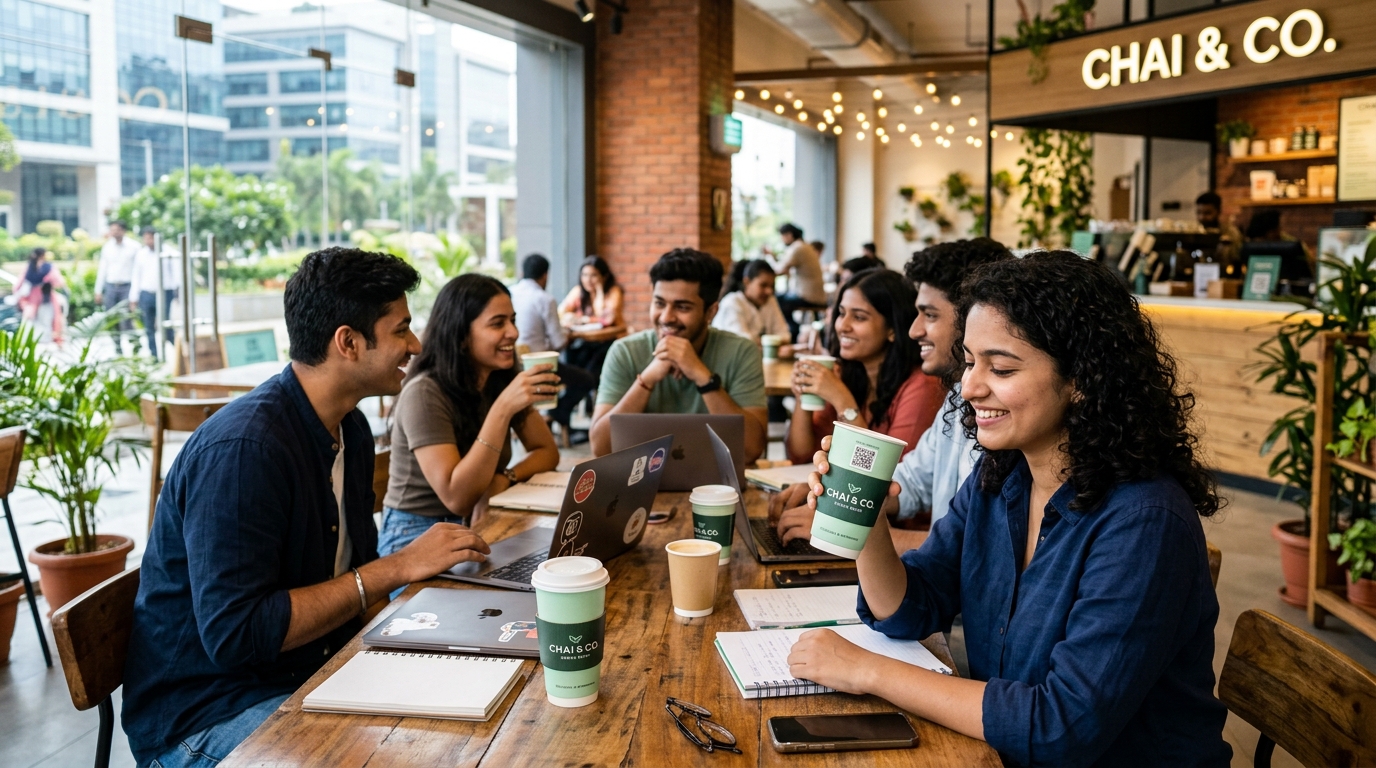Young professionals in cafe holding Mudhrikha branded paper cups